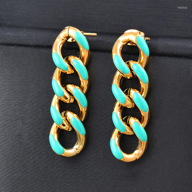 

Dangle Earrings SINLEERY 316L Stainless Steel Green Enamel Link Chain Drop For Women Fashion Statement Jewelry ES528 SSB