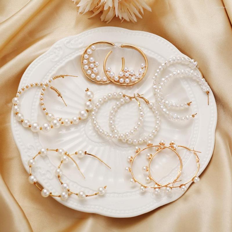 

Hoop Earrings 6 Pairs Boho Vintage Pearls C Shape Earring Sets Gold For Women Trendy Simple Sweet Refreshing Jewelry