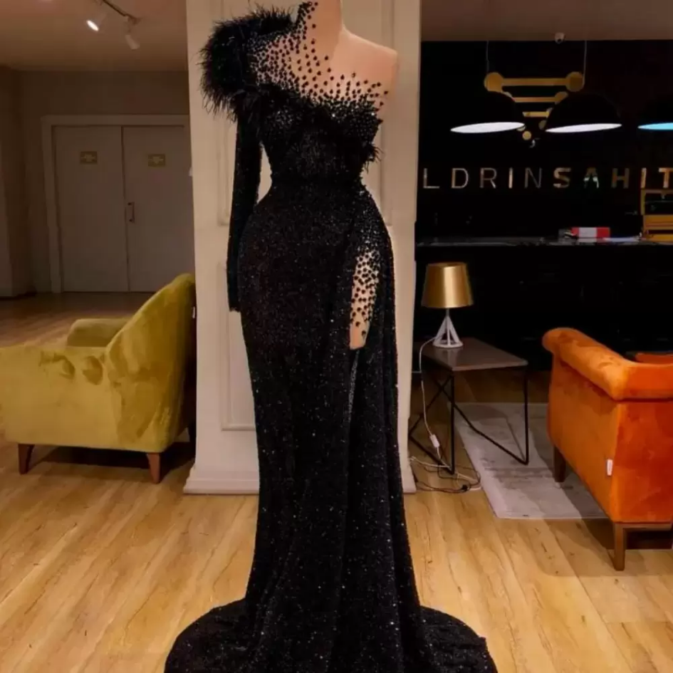 

New Black Sequined Evening Dresses Beaded Feathers Mermaid Prom Dress High Split Formal Party Second Reception Gowns BC14776, White