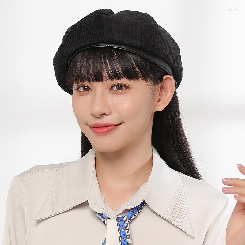 

Berets Korean Version Solid Color Black Cotton Women Beret Winter Autumn Hat Vintage Corduroy Elasticity Peaked Cap Painter