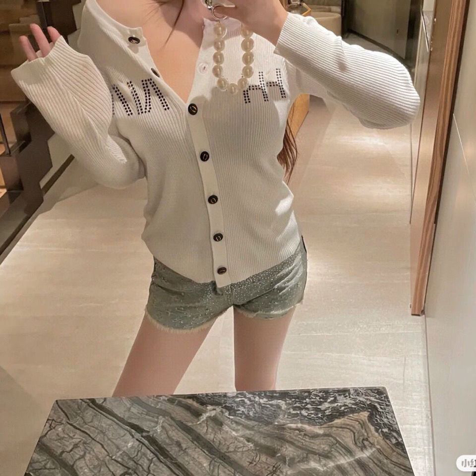 

Women' Knits & Tees Designer Women Letters Rhinestone Design V-neck Cardigan Pure Color Thin Section Fashion Apparel ZVBT, White