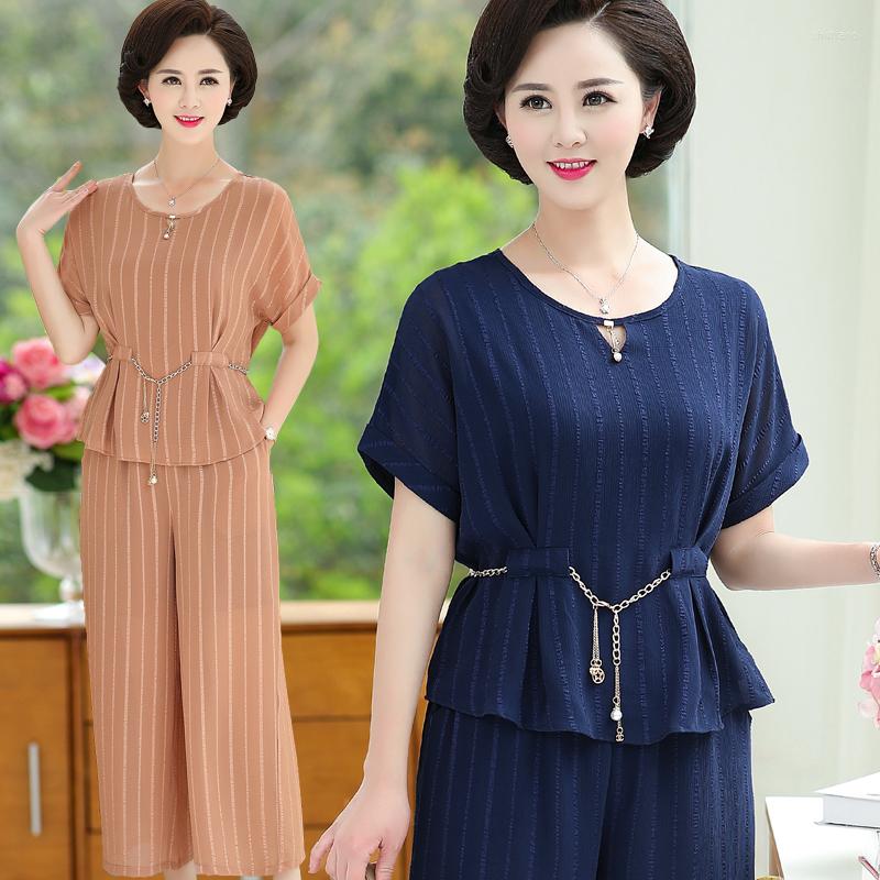 

Work Dresses Middle-Aged Women Summer Suit Short Sleeve T-shirt Tops & Seven Points Wide Leg Pants Sets Women's Chiffon Shirt Mother, Blue