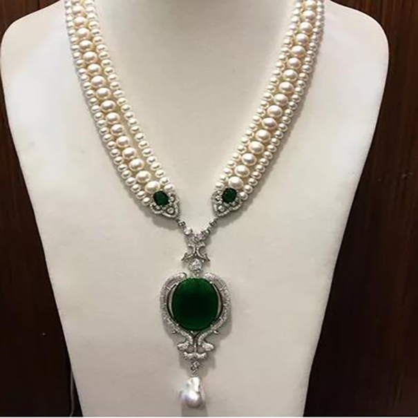 

3rows freshwater pearl white near round necklace green pendant 19inch wholesale