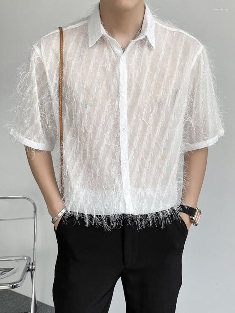 

Men's Casual Shirts Summer Men's Lace Hollow Out Loose Short Sleeve Shirt 2023 Transparent Solid Color Single Breasted Tops 2A5085, Black