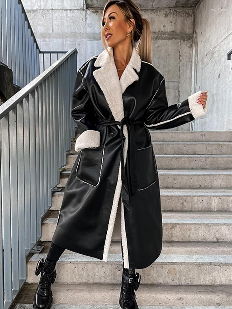

Women' Leather Pu Long Women Winter Overcoat 2022 Novel Lambs Wool Female Warm Coats Girl Fashion Coral Velvet Jacket With Belt, Beige