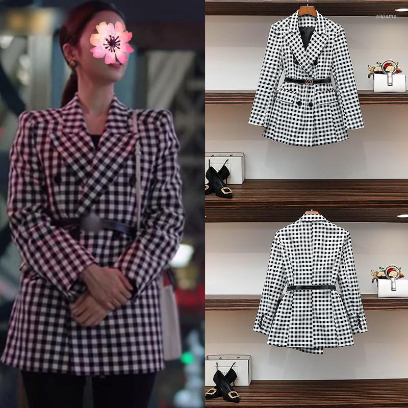 

Women' Suits Blazer Women 2022 Fashion Double Breasted Plaid Blazers Coat With Blet Vintage Long Sleeve Female Outerwear Chic Tops, Without belt