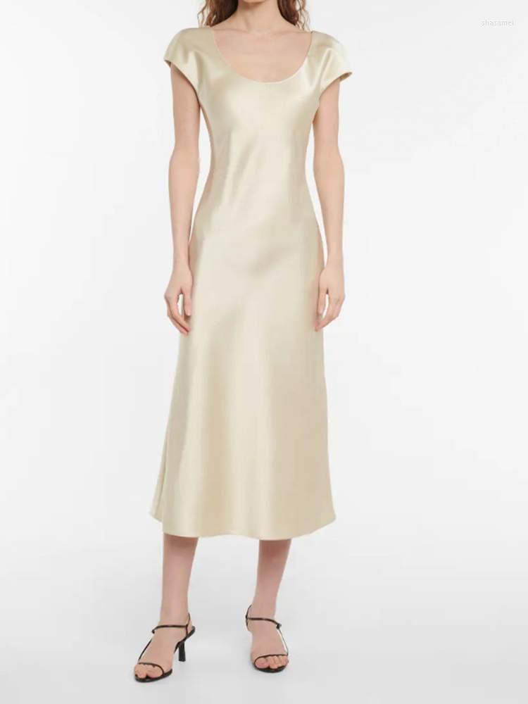 

Casual Dresses 2022 Summer Dress Short Sleeve Solid Color Satin Women Midi, Beige