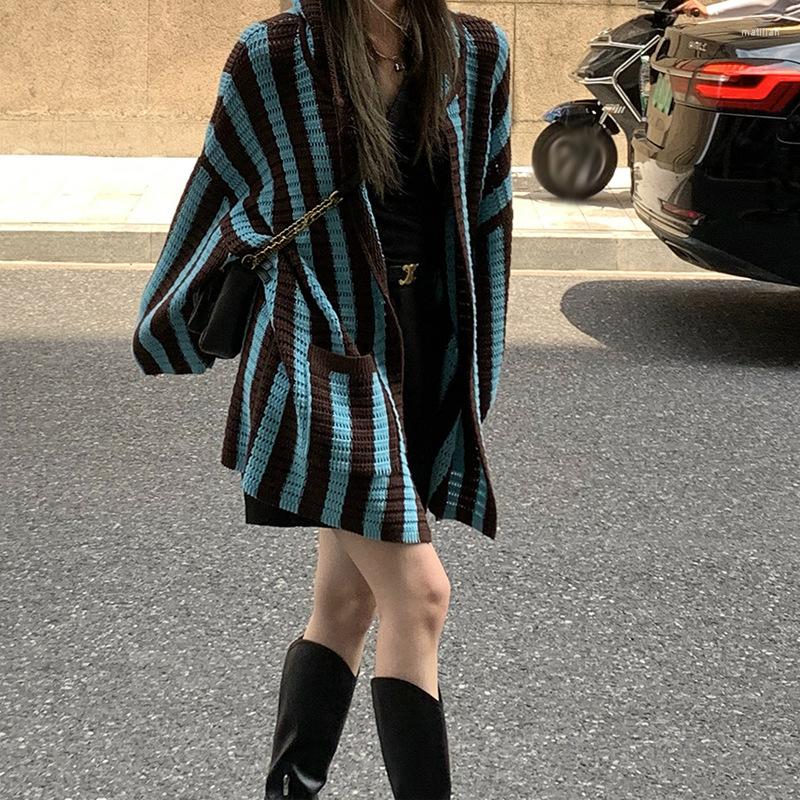 

Women's Knits Vintage Striped Sweater Women Hooded Knitted Jacket Coat Autumn Harajuku Loose Cardigan Casual Open Stitch Knitwear Jumper, Beige