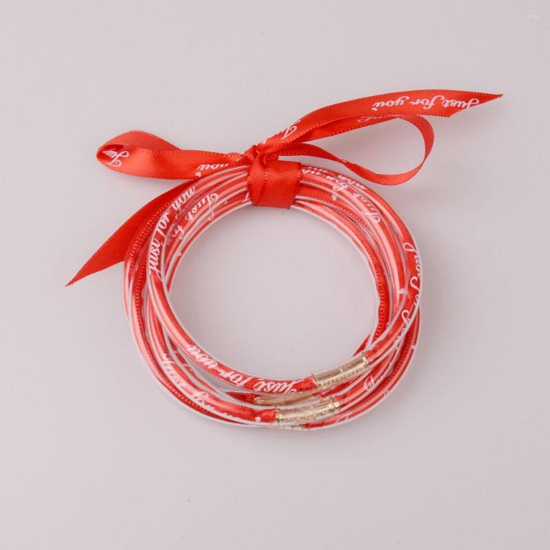 

Bangle Rainbery 5 PCS/Set Bowknot Letter Ropes Filled Bangles Set All Weather Stack Silicone Plastic Jelly For Women Girls