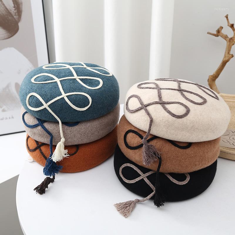 

Berets Women Autumn And Winter Soft Wool Warm Beret Fashion Designer Hat Japane Style Casual Bud Tassels Painter Cap, Beige