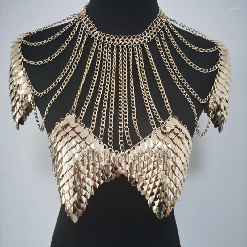 

Chains Fashion RJFS23 Mermaid Gold Fish Scales Shoulder Bra Layers Chainmail Dragon Scale Jewelry 2 Colors