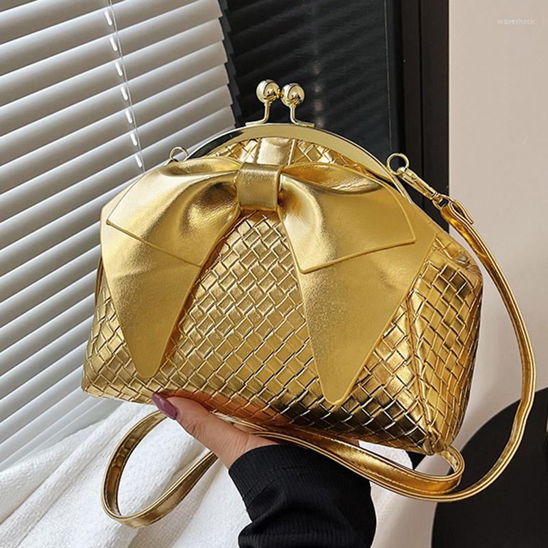 

Evening Bags 2022 Luxury Brands Women Gold Silver Knots Shoulder Bag Braid Handbags And Envelopes Designer Clip Crossbody, Champagne.