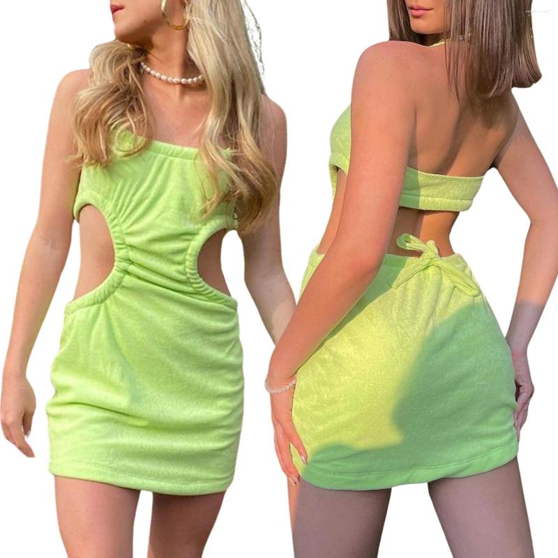 

Party Dresses Ladies Sexy Hollow Mini Skirt Summer Temperament Solid Color Hanging Neck Sleeveless Backless Short Dress For Dating Shopping, Green