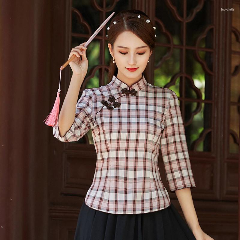 

Ethnic Clothing Sheng Coco Plus Size Women Qipao Set Grid Cheongsam Top S-4XL Shirt Classic Chinese Style Blouses Cotton Linen Tang Suit