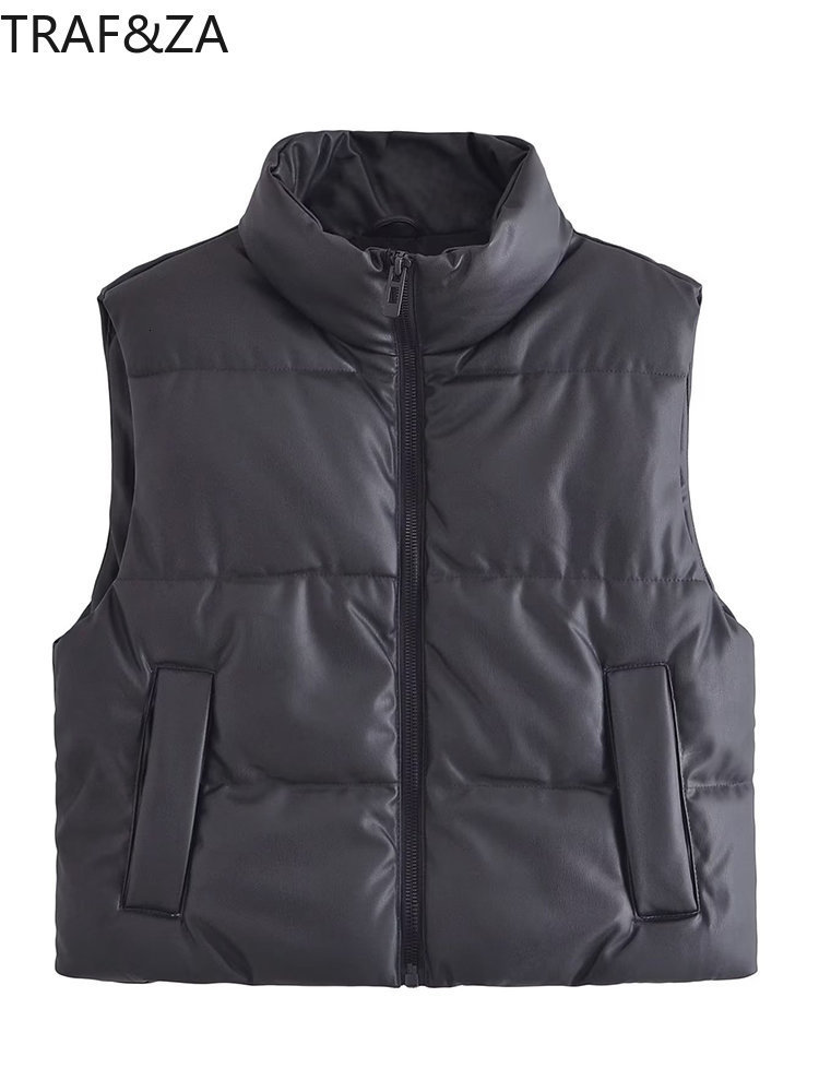 

Women's Vests TRAF ZA Women Winter Fashion Office Lady Style Solid PU Thick Waistcoat Casual Sleeveless Zipper Warm Jacket Chic Outcoats 221202, Black