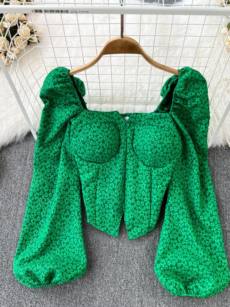 

Women's Blouses Autumn Green/Red/White Floral Short Blouse Vintage Square Collar Puff Long Sleeve Slim Shirt Female Elegant Tops Blusas
