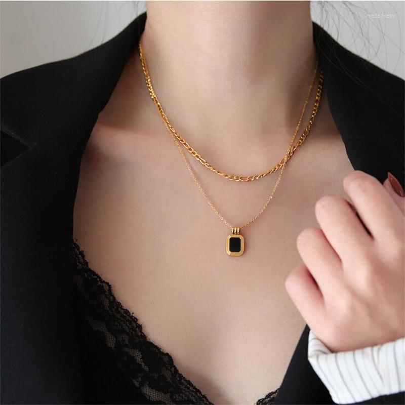 

Chains Roman Black Square Pendant Double Layer Stainless Steel Necklaces For Women Men Gold Color Clavicle Party Jewelry