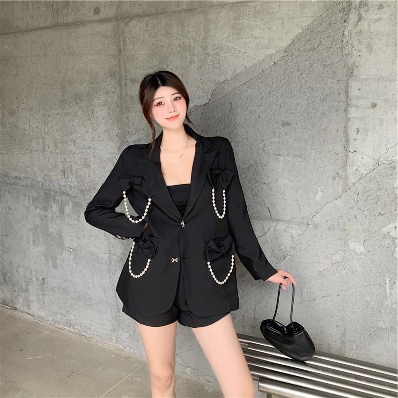 

Women' Tracksuits Autumn Suits Female Bowknot Pearl Mid-Length Jacket High-Waist Wide-Leg Shorts Women Two Pieces Sets, Black