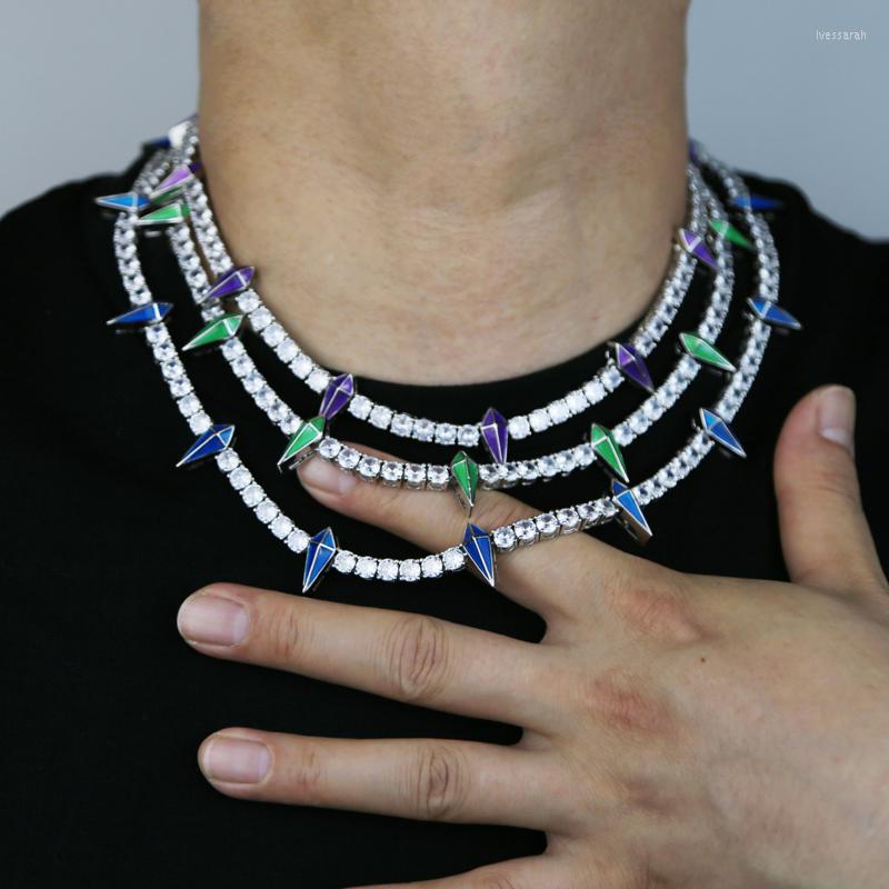 

Choker Green Purple Blue Luminous Spike Pendant 5mm Cz Tennis Chain Necklace For Men Women Glowing Night Fluorescence Hip Hop Jewelry