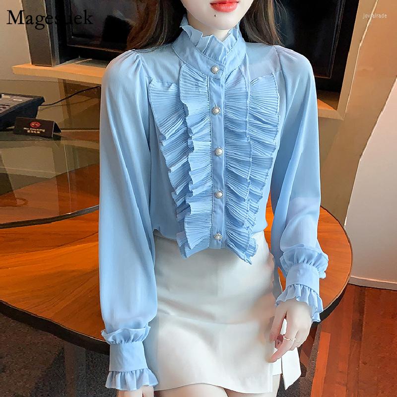 

Women' Blouses 2022 Fashion Ruffle Chiffon Shirt Women Elegant Lace White Blouse Woman Stand Collar Retro Long Sleeve Ladies Tops Blusas, Apricot