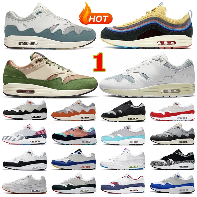 

OG 1 87 Men Women Running Shoes 1s 87s Night Maroon Black Noise Aqua Saturn Gold Bred Daisy Mens Trainers Outdoor Sports Sneakers 36-45, Patta waves blanc