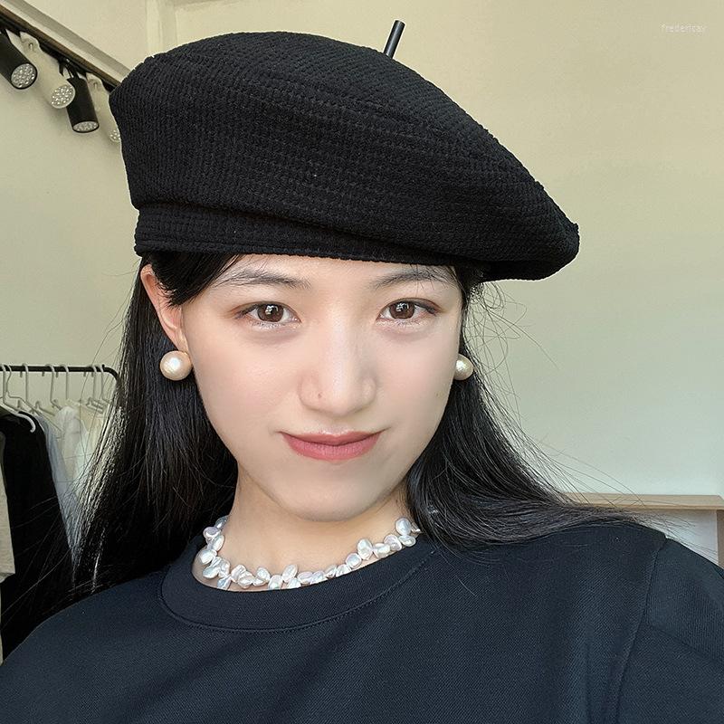 

Berets Korean Version Fashion Corduroy Solid Color Beret Hat Female Autumn And Winter Retro Casual All-match Painter Sboy Cap, Black