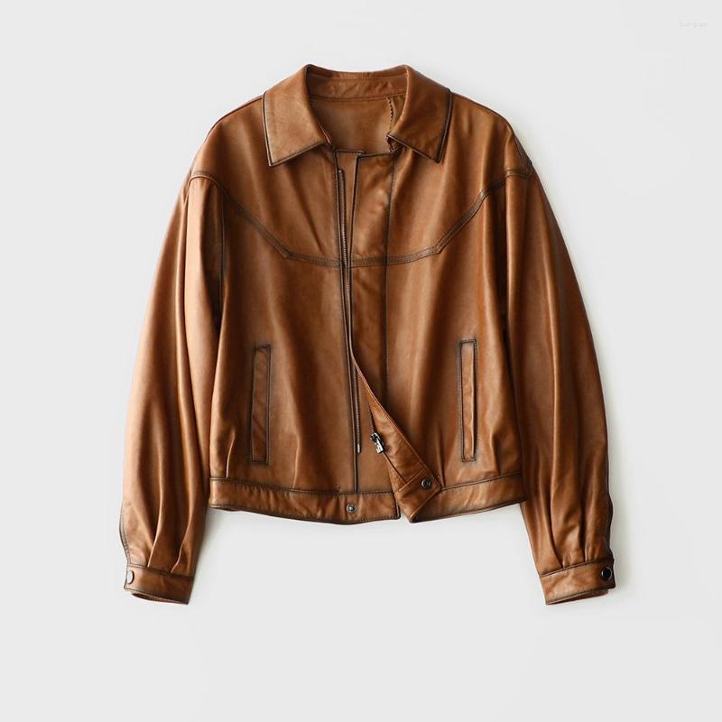 

Women's Leather Oil Wax Vegetable Tanned Sheep Skin Coat Baseball Suit White Caramel Brown For Women In Autumn And Winter