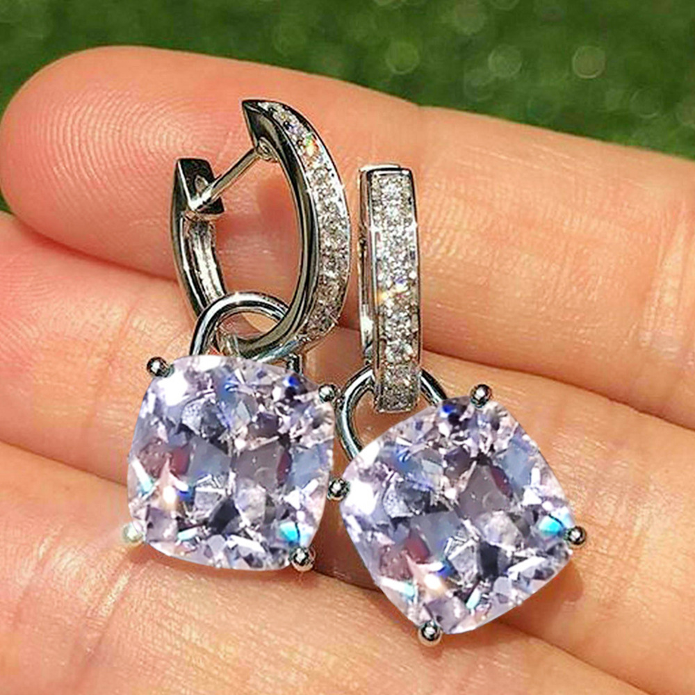 Boucles d'oreilles créoles classiques pour femmes, couleur or blanc 18 carats, grand carré scintillant, bijoux pour filles et femmes, pour fête d