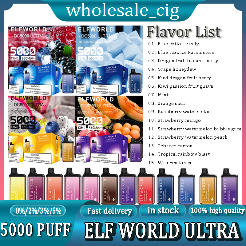 

Original Elfworld Ultra 5000 Puffs Disposable Vape Pen Elf World Puff 5000 E Cigarette With Rechargeable 5% 3% 2% 0% 650mAh Battery 13ml Pod DC5000 Bar Kit VS Lost Mary