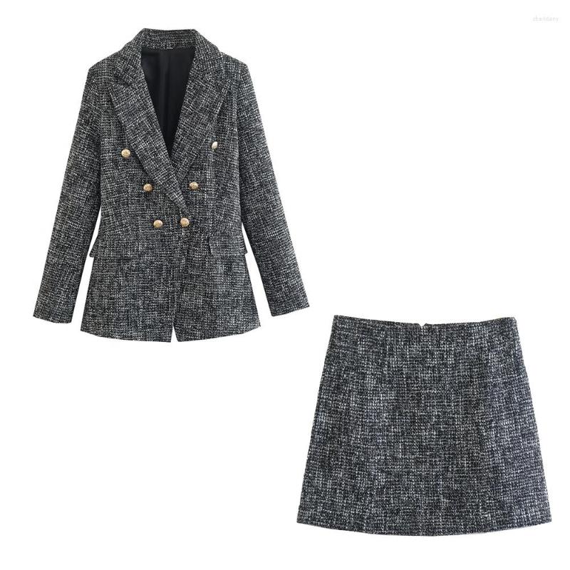 

Two Piece Dress WOMEN TARF Winter Double-breasted Textured Suit Jackets Fashion Flip Pocket Retro Elegant Female Blazer Two-piece 2761246, As shown