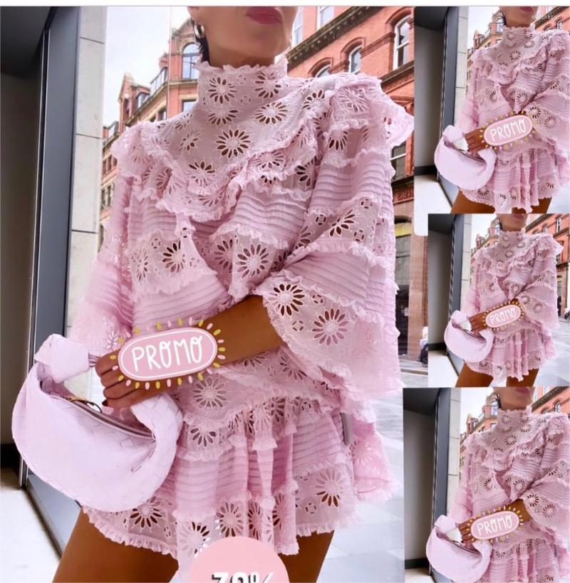 

Women' Blouses 2023 Spring Stand Neck Flare Sleeve Hollow Out Embroidery Ruffles Lace Edge Women Sweet Top, Pink