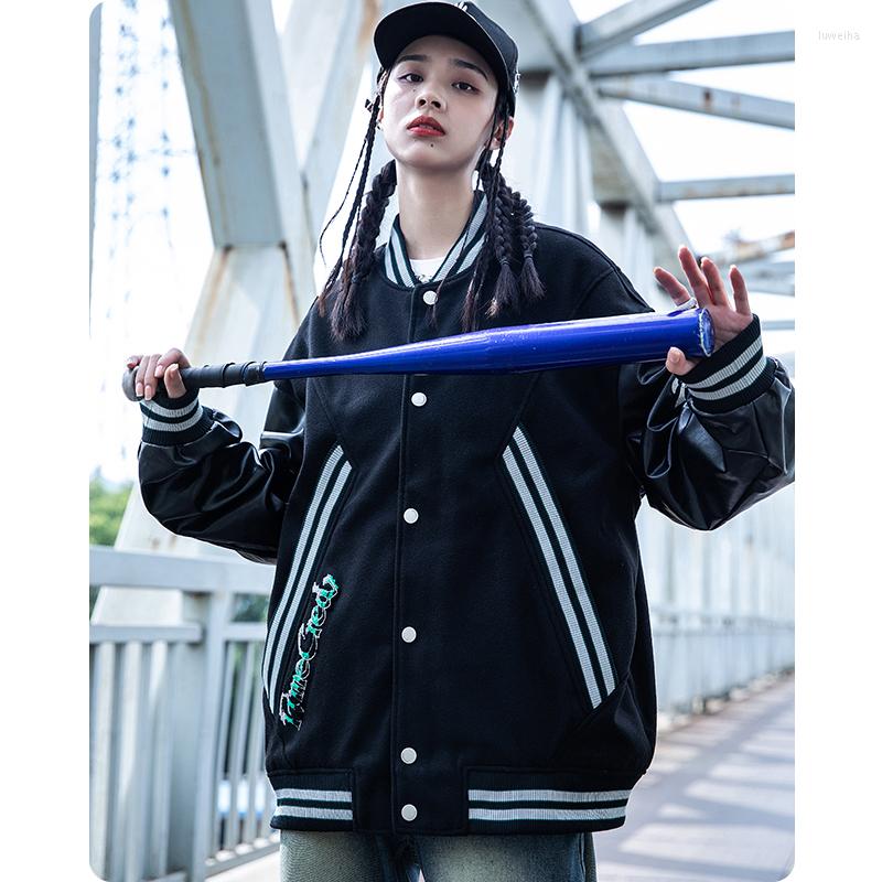 

Men's Jackets PU Sleeve Autumn Baseball Cloth Splice Contrast Casual Couple Motorcycle Jacket Men'S Clothes Harajuku High Street Coat, Black