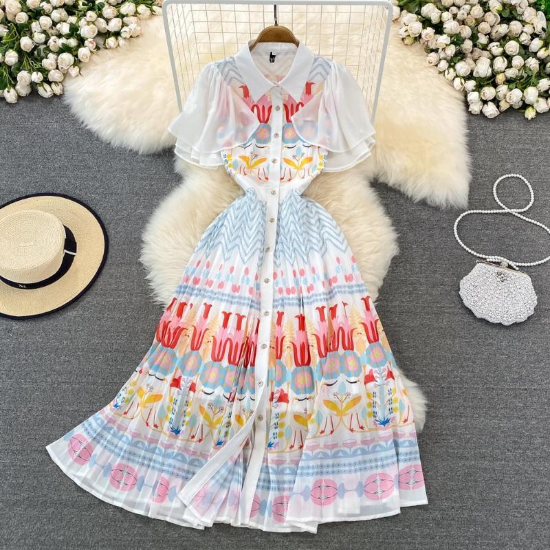 

Casual Dresses 2022 Summer Chiffon Dress Women Butterfly Sleeves Flower Print Pleated Shirt Single Breasted High Waist Beach Vestidos, White