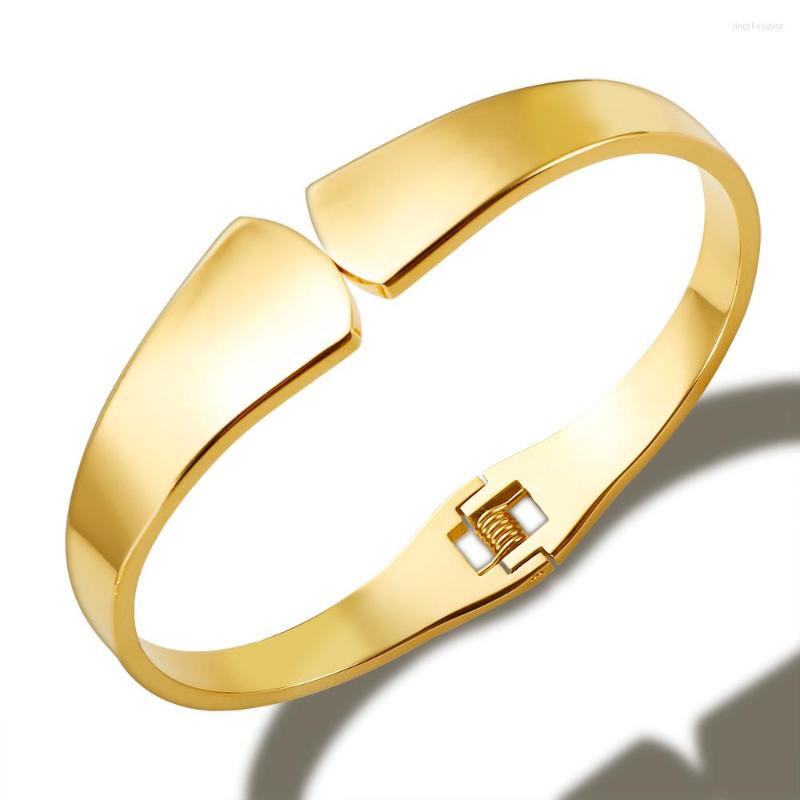 

Bangle JINHUI Glossy Spring Bracelet Stainless Steel Gold Plated Simple Thick Bangles For Women Men Couple Fine Jewelry Gift