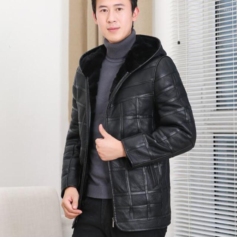 

Men's Jackets Men's Leather Coat Men Fur Splice Plaid Lapel Warm Coats Hooded Male Winter Thick Outerwear, Black