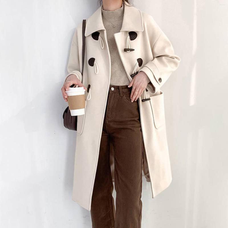 

Women' Leather Women Breasted Wool Coat Lapel Long Trench Acket Winter Coats Slim Woolen Jacket Outwear, Beige
