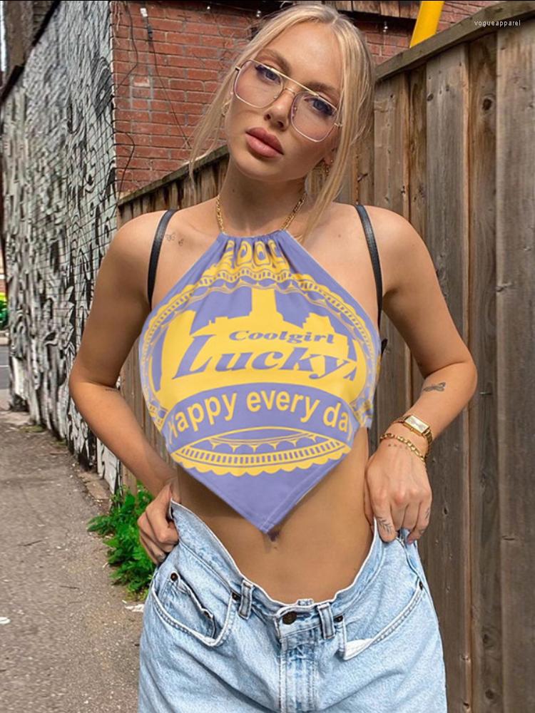 

Women' Tanks Sexy Letter Tie Dye Print Lace Up Chain Halter Crop Tops Women 2022 Y2K Backless Skinny High Street Party Top Casual Clubwear, Purple