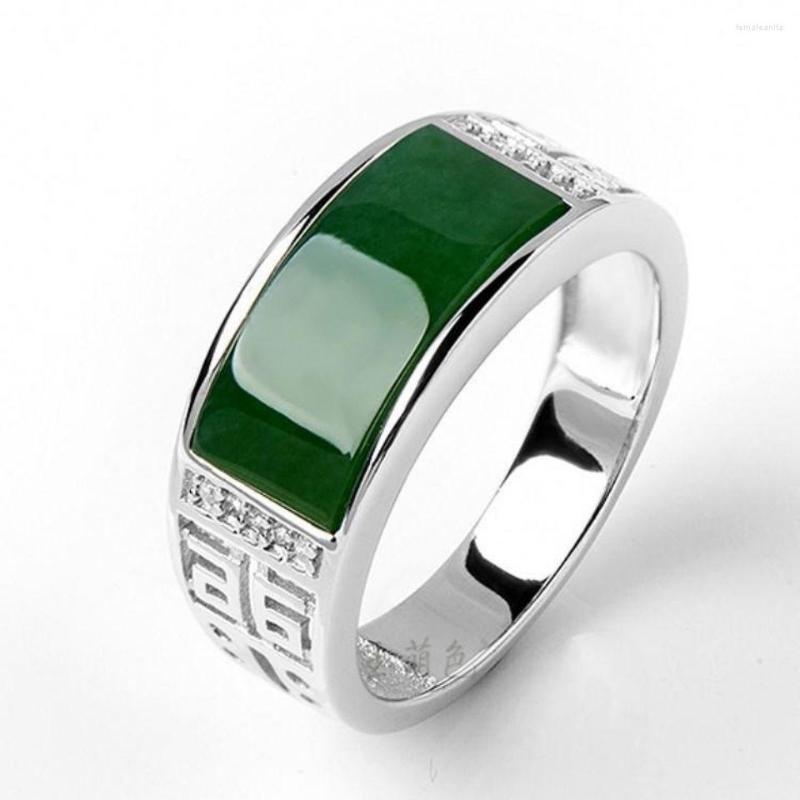 

Cluster Rings Natural Green Jades Ring 925 Sterling Silver Hollow Out Carve Chinese Nephrite Hetian Jade Couples Men Women Bands