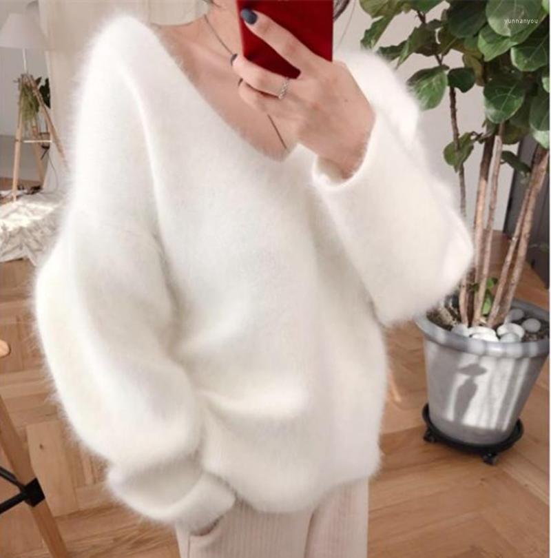 

Women's Sweaters Fashion Korean Women Mink Cashmere Soft Chic Autumn Winter V Neck White Mohair Knitted Warm Long Sleeve Loose Pullovers, Gray