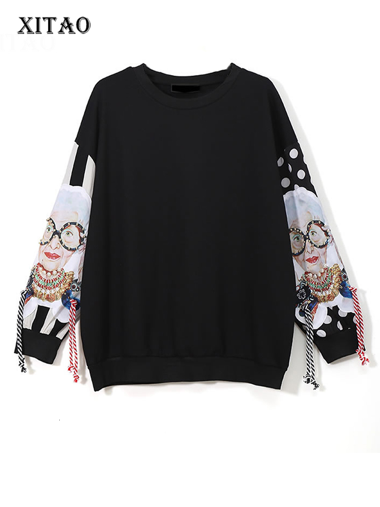 

Women's Jackets XITAO Black Long Sleeve Sweatshirts Patchwork Print Tassel Pullover Harajuku Hoodie Clothes XWW2734 221201
