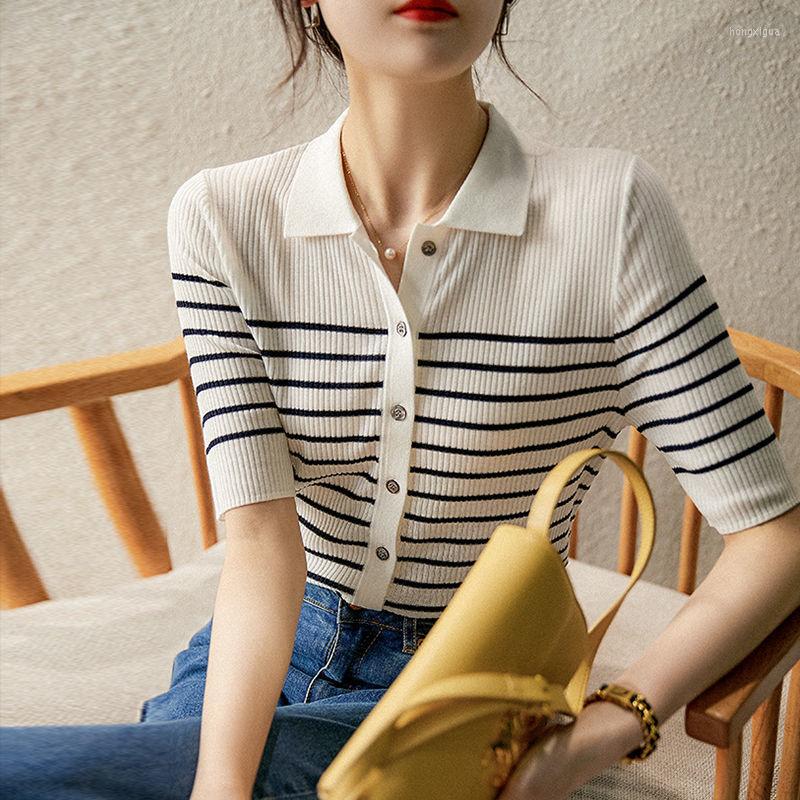 

Women' T Shirts French Polo Collar Crisp Striped Short-sleeve Silk Knitted Cardigan Woman Tshirts Summer Tops Tees, Blue