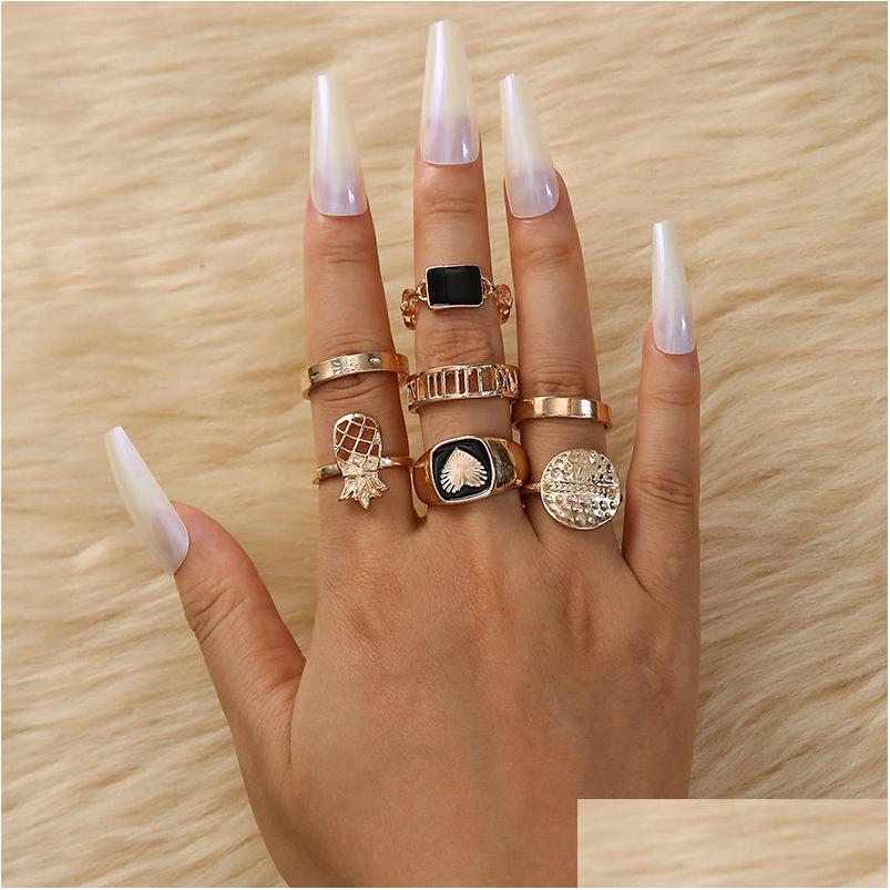 

Band Rings Fashion Jewelry Knuckle Ring Set Drop Glaze Hollow Out Pineapple Geometric Rings 7Pcs/Set Delivery Dh9A6
