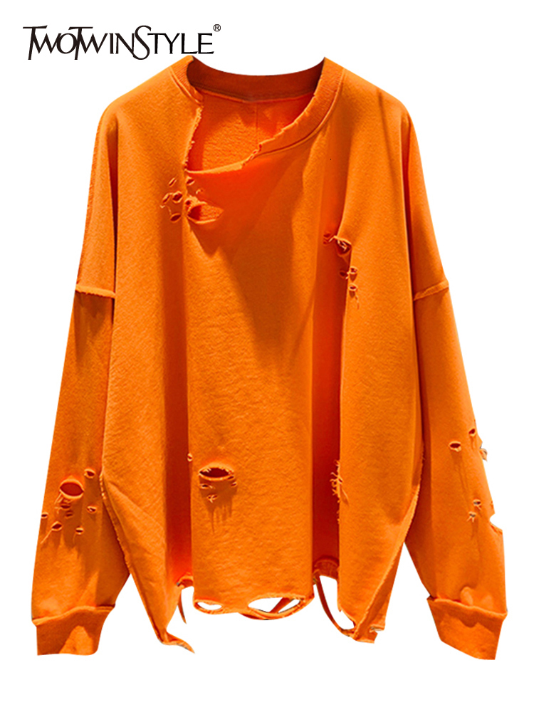 

Women's Jackets TWOTWINSTYLE Hole Hollow Out Sweatshirt For Women Round Neck Long Sleeve Solid Minimalist Loose Sweatshirts Female Clothing 221201, White