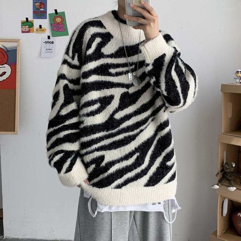 

Men's Sweaters Winter Striped Sweater Men's Warm Fashion Retro Casual Knitted Pullover Men Wild Loose Korean Knitting Mens Clothes, Black and white