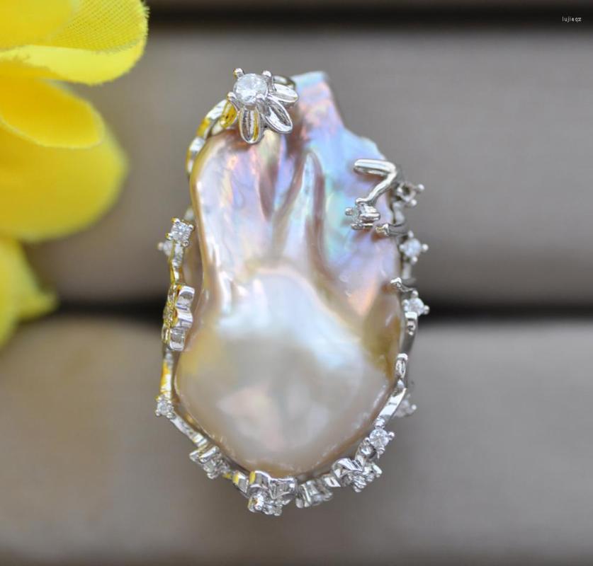 

Cluster Rings Z10743 Big 32mm Lavender Baroque Keshi Pearl Ring CZ