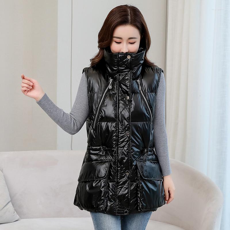 

Women's Vests Glossy Women Sleeveless Jacket Stand Collar Ladies Casual Long Winter Zipper Pockets Cotton Padded Waistcoat For Female, Black