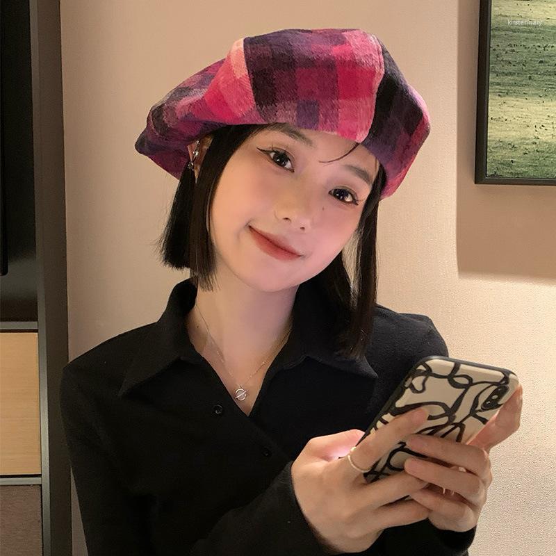 

Berets Korean The Plaid Beret Female Autumn Winter Large Head Circumference Gradient Painter Hat Outdoor Warm Cloud Octagonal Cap Mujer, Black