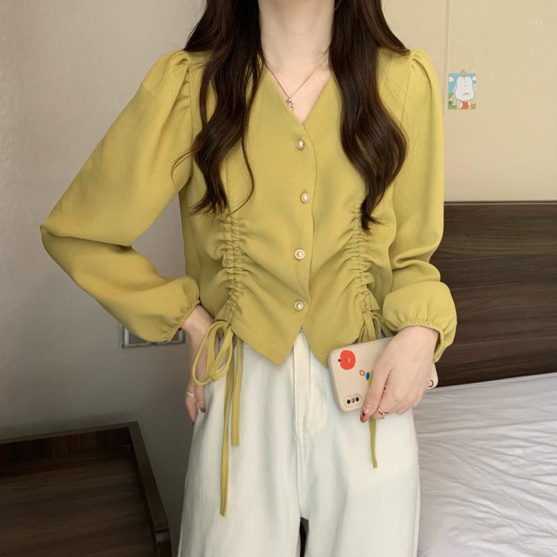 

Women's Polos Korean Autumn Fashion Solid Color Long Sleeve Women Top Shirt 2022 V-neck Drawstring Single Row Button Cardigan Tops Female
