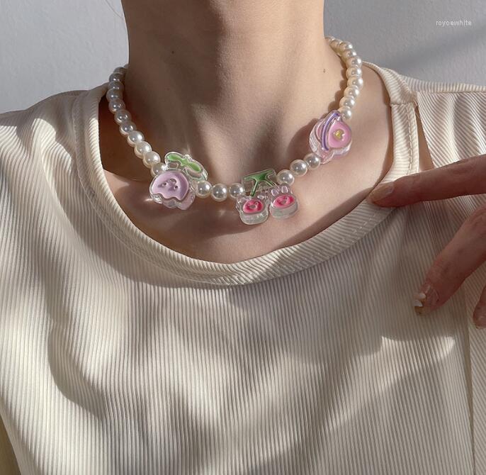 

Chains Spring/Summer Sweet Girl Necklace Childlike Cute Pearl Color Acrylic Flower Fruit Clavicle Chain
