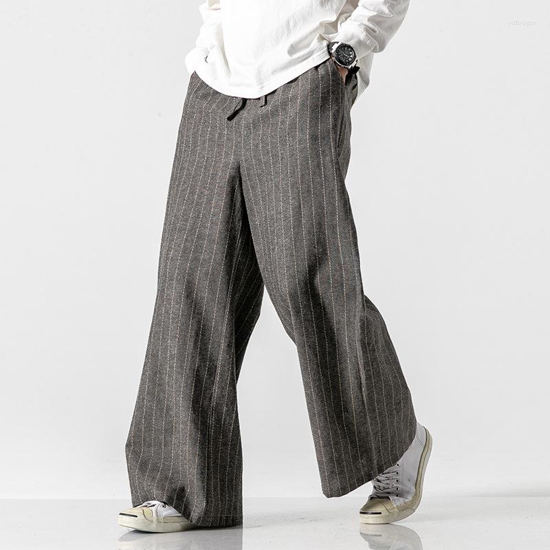 

Men's Pants 2022 Autumn Men Chinese Style Linen Street Striped Wide-Leg Male Hanfu Japanese Harajuku Trousers -5Xl, White